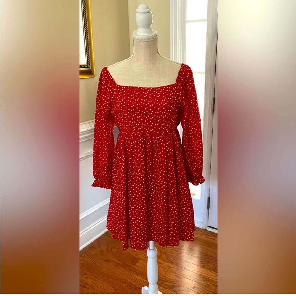 Mainstay Dress. Red w/ white heart print